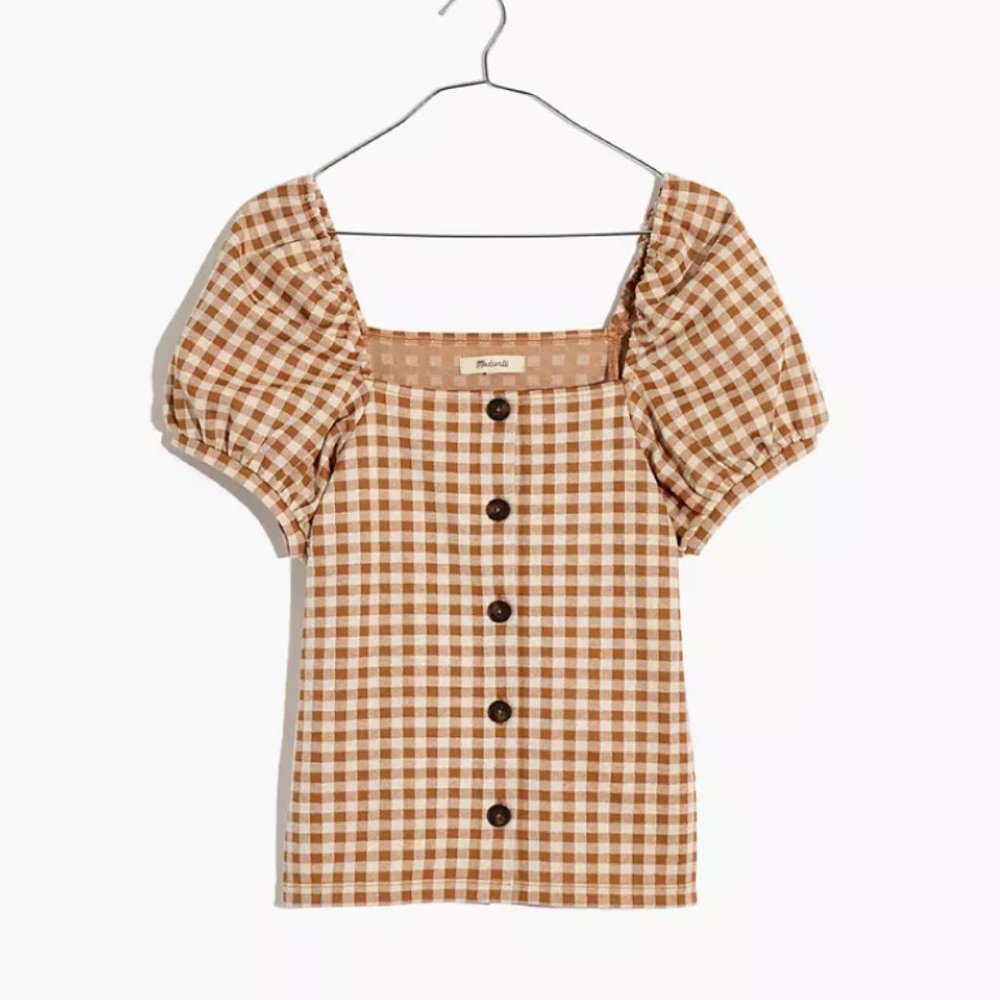 NWT Madewell Gingham Jacquard Square-Neck Puff-Sleeve Top
